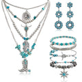 Turquoise Western Jewelry Set for Women, Boho Cowgirl Earrings Bracelet Stack and Layered Necklace, Silver Tone, Multiple Styles - style: Sunflower