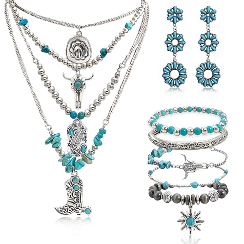 Turquoise Western Jewelry Set for Women, Boho Cowgirl Earrings Bracelet Stack and Layered Necklace, Silver Tone, Multiple Styles - style: Sunflower