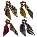Boho Hair Scarf Scrunchies, 12” Floral Satin Bow Ties Long Bandana, French-Inspired Cheetah Ribbon Ponytail Holder Hair Accessories (Cheetah, 4 Pack) - color: Cheetah