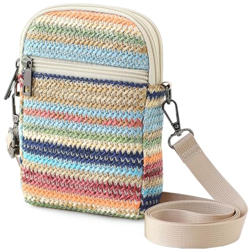 RFID Crossbody Bags For Women Travel, Small Cell Phone Purse - color: Bluestripe/Straw-horiz