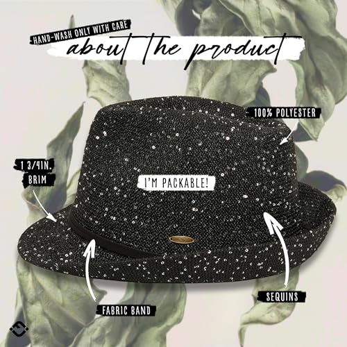 Funky Junque Straw Fedora Hats for Women - UPF 50+ Sun Hat, Short Brim Packable Beach Hat with Woven Pattern - color: Sequin - Black