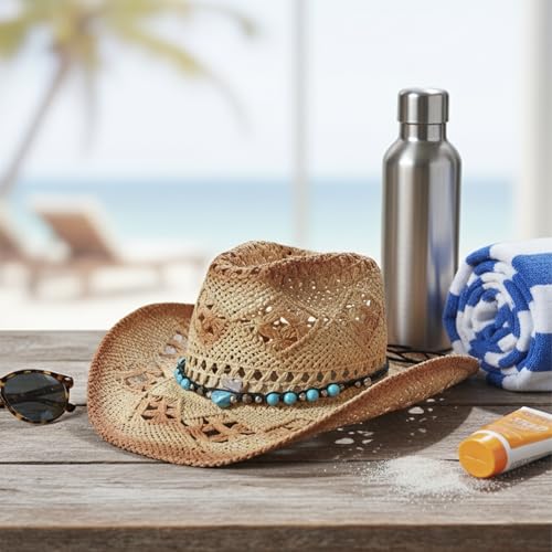 Hat Band for Cowboy Cowgirl, Turquoise Hand Made Replaceable Beaded Belt for Panama Fedora - color: Square Turquoise