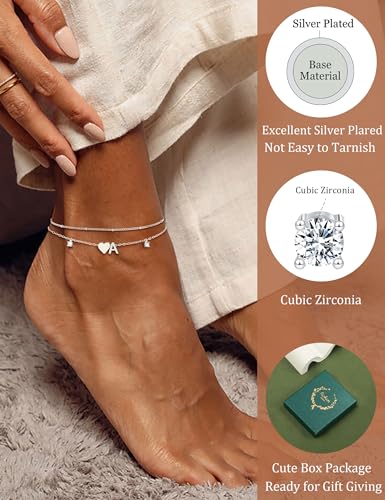 Silver Ankle Bracelets For Women 14k Gold Plated Initial Anklets For Women Waterproof Non Tarnish Dainty Layered CZ Letter A-Z Heart Charm Anklet Set Summer Beach Foot Chain Jewelry Gift - color: Silver