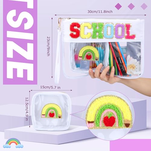Hillban 2 Pcs Welcome Back to School Gift Bags Pencil Pouch Clear Case Chenille Letter Makeup Cosmetic Bags Toiletry Travel Purse First Day of School Waterproof PVC Organizer Storage for Women - style: Pencils Theme