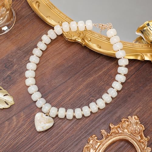 Chunky Colorful Beaded Statement Boho Summer Beach Chokers Necklace Heart Pendant Pink Green Yellow Brown Fashion Jewelry - color: Gold-white