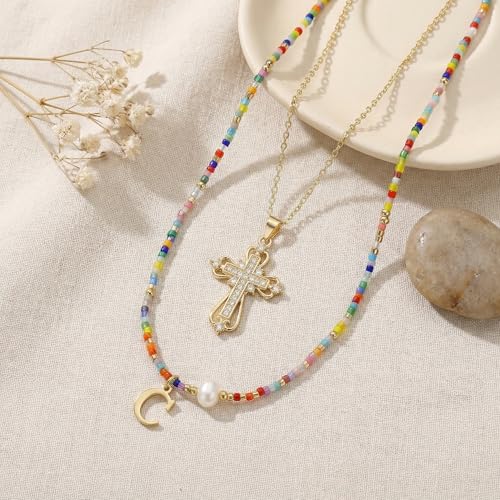 Colorful Pearl Beaded Initial Choker Necklaces for Women, Boho Handmade Personalized Seed Beads Letter Name Necklace Beach Surfer Bohemian Jewelry Gift - color: Cross C