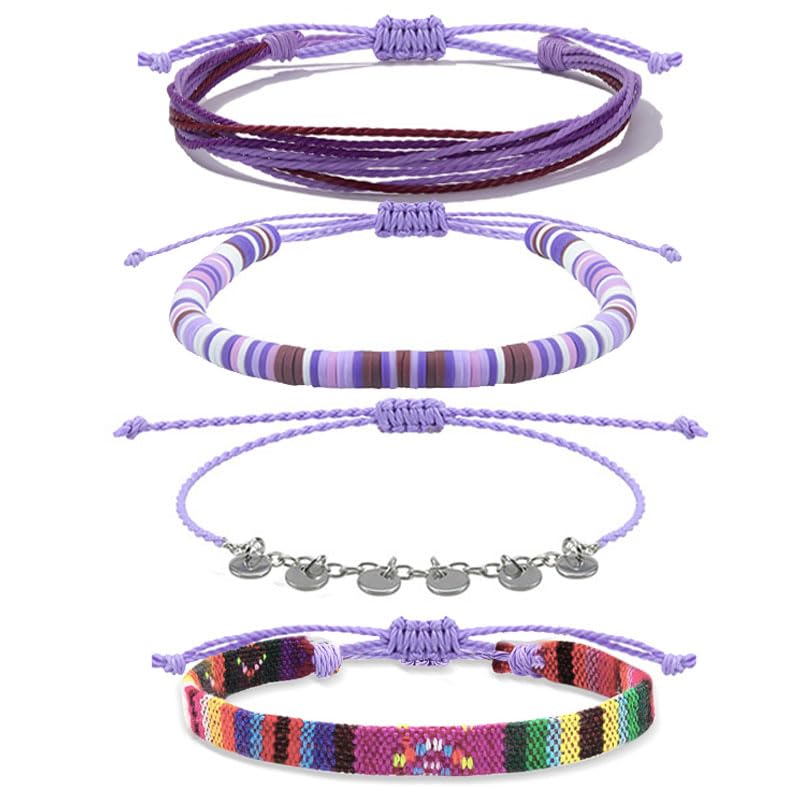 Beach Summer Ankle Bracelet for Women Handmade Braided Adjustable String Anklets Waterproof Surfer Bracelet - color: Purple 25