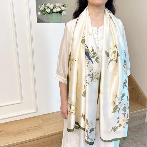 Long Silk Like Scarf Lightweight Satin Scarves Large Sunscreen Shawl Wrap for Women - color: 005.birds and Flowers Beige