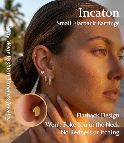 Incaton Hypoallergenic Flat Back Earrings for Women Silver 14K Gold Plated Surgical Stainless Steel Stud Earrings Cubic Zirconia Cartilage Studs Earrings For Multiple Piercing Sensitive Ears - color: F-Gold