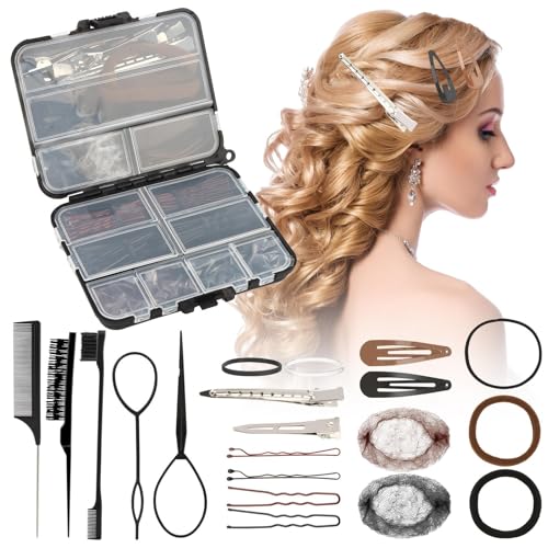 163Pcs Dance Hair Accessories Kit, Hair Nets for Buns,Bobby Pins for Women Girls,Hair Pins Kit, Combs&Brushes, Loo-p Tools,Professional Dance Performance Kit w/Storage Box(Black,Size:multi size)