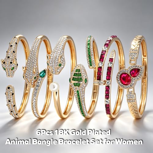 6PCS Gold Designer Classic Bangle Bracelet Set for Women, 18K Gold Plated with AAA Cubic Zirconia, Ideal Gift for Birthday Christmas Valentine's Day Mother's Day - color: Classic Style - Animal Element