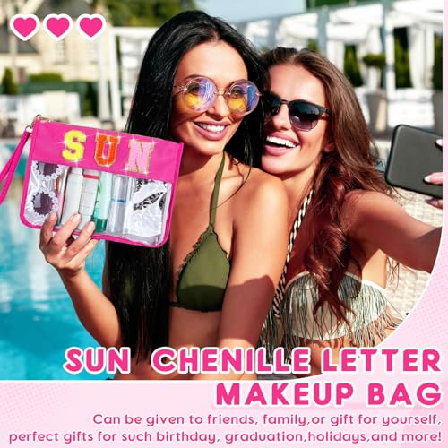 Hillban 2 Pcs Sunscreen Chenille Letter Bags Makeup Cosmetic Bag Waterproof Sun Travel Pouch Beach Pool Things Summer Stuff Preppy Patch Traveling Accessories for Women (Sun Theme) - style: Sun Theme