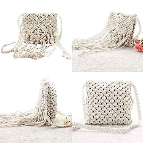 Goclothod Women Crochet Fringed Shoulder Bag Cotton Tassel Crossbody Bag Hippie Beach Purse - color: White
