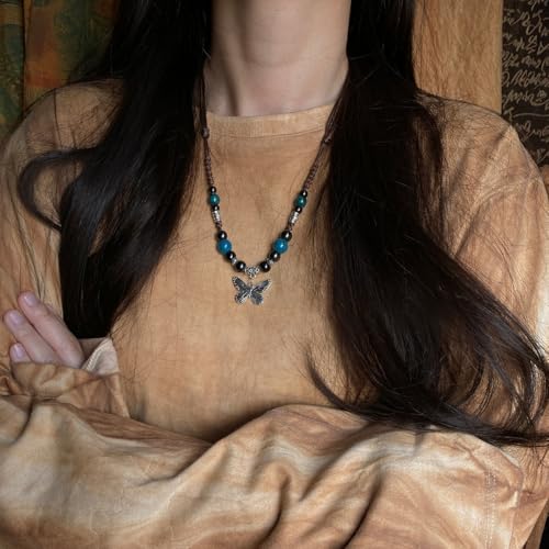 Boho Style Colorful Ceramic Bead Strand Necklace Adjustable Bohemian Jewelry Gift for Women, Fashion Clothing Matching Necklace - color: Teal-Black