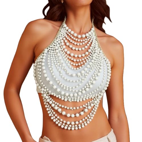 Sexy Pearl Top Backless Vest,Multi-Layered Summer Beach Beaded Harness Bra Chain Festival Rave Pearl Tassel Bralette Body Jewelry for Women