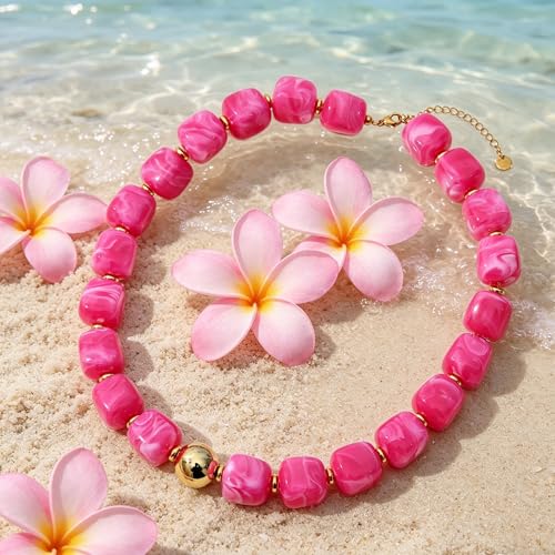 Chunky Beaded Necklace for Women Boho Colorful Statement Choker Necklaces Summer Beach Resin Jewelry Accessories - color: Hot Pink