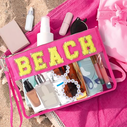 Hillban 2 Pcs Beach Makeup Bag Clear Cosmetic Toiletry Pouch Chenille Letter Patch Bags Preppy Summer Waterproof PVC Travel Purse Snack Portable Storage for Women - style: Beach Theme