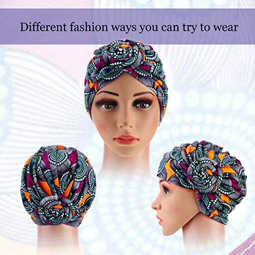 SATINIOR 4 Pieces African Pattern Headwrap Pre-Tied Bonnet Turban Knot Beanie Cap Headwrap Hat - style: Yellow Flower Style