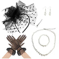 Fascinators Hat Pearl Earrings Necklace Bracelets Gloves 1920s Headband Hair Clips Women Flower Mesh Feather Headpiece Headwear Halloween Carnival Cocktail Wedding Tea Party Accessories Black - color: Black