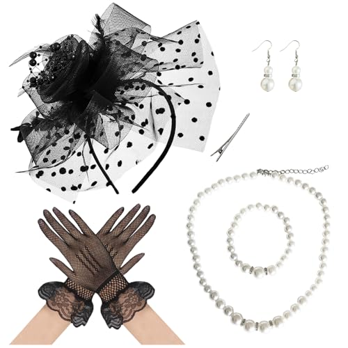 Fascinators Hat Pearl Earrings Necklace Bracelets Gloves 1920s Headband Hair Clips Women Flower Mesh Feather Headpiece Headwear Halloween Carnival Cocktail Wedding Tea Party Accessories Black - color: Black