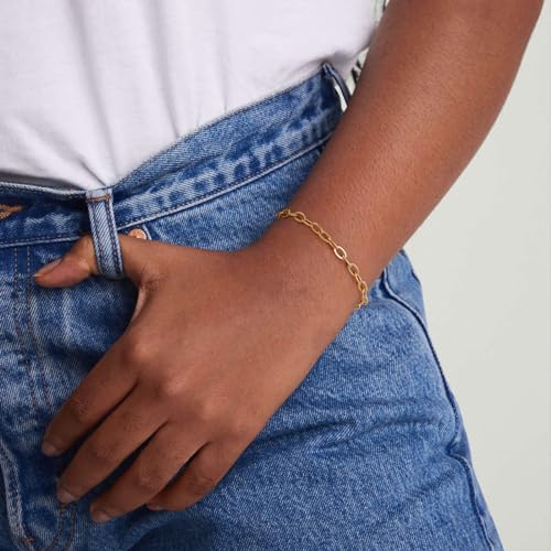 BENEIGE Women Bracelet 14K Gold Plated Paperclip Satellite Bead Ball Oval Cuba Cable Box Chain Daily Charm Layered Link Silver Bracelets Adjustable Jewelry - style: Paperclip Circle