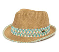 Funky Junque Straw Fedora Hats for Women - UPF 50+ Sun Hat, Short Brim Packable Beach Hat with Woven Pattern - color: Aqua