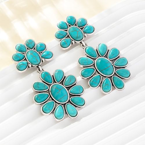 4 PCS Western Turquoise Jewelry for Women Boho Vintage Navajo Pearl Necklace Earring Bracelet Ring Set Country Cowgirl Accessories for Gift - color: A-Blue