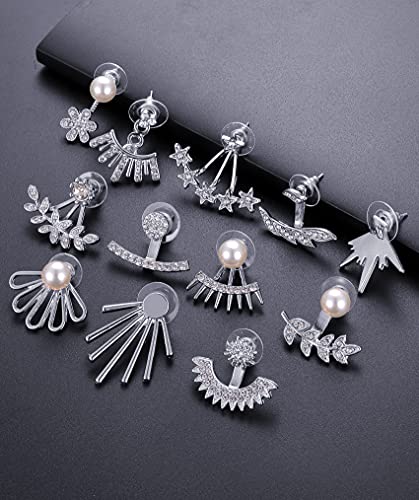 Tornito 6-12 Pairs Lotus Flower Earring Studs Chic CZ Earrings Jackets For Women Silver Rose Gold Tone - color: E:12 Pairs,Silver Tone