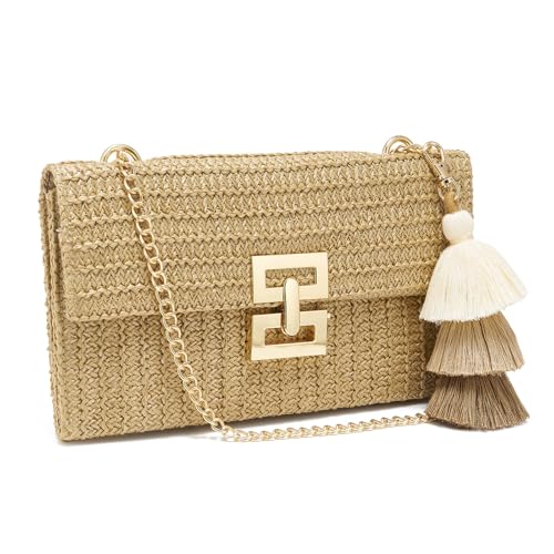 Small Straw Purse for Women Summer Clutch Purses Beach Woven Envelope Bag Raffia Shoulder,Straw Crossbody Bag boho - color: Buckle Brown