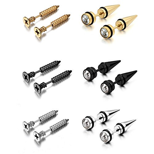 Aroncent 12PCS Stainless Steel Fake Tapers Mens Earrings Illusion Tunnel Cheater Piercing Jewelry Set for Men Women - color: A4-1