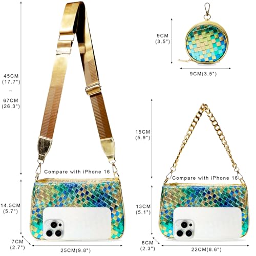 Handmade Woven Small Crossbody Bag for Women with Coin Purse, Designer Shoulder Handbag 3pcs Set, Mini Tote Clutch - color: Green Multicolor