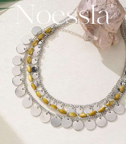 Noessla Layered Beaded Chunky Necklace for Women Boho Two-color Shell Statement Necklace Fashion Collar Costume Jewelry Gifts for Mum - color: 94-Yellow