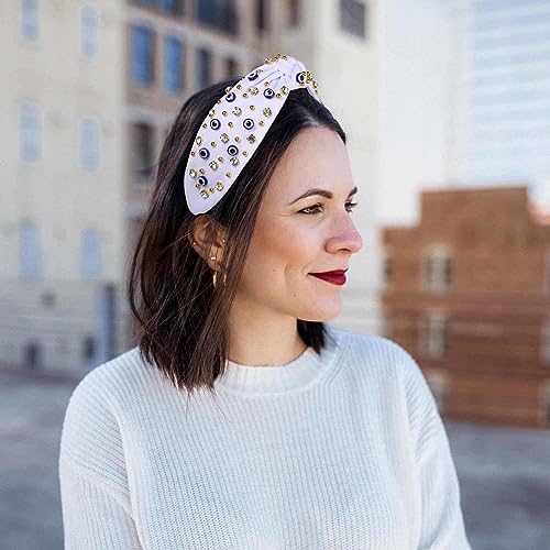 mokkia Knotted Headband for Women Evil Eye Headbands Beaded Rhinestone Crystal Knotted Headbands Sparkly Bejeweled Embellished Top Knot Headband Summer Fashion Hair Accessory (White)
