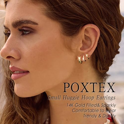 Poxtex Small Sterling Silver Huggie Hoop Earrings Set for Women, Hypoallergenic 14K Gold Plated Hoops Stacks for Multiple Piercings, Dainty Cute Mini Lightweight Cartilage Studs Trendy Jewelry Gift - color: Gold-moon hoop