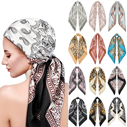 Hicarer 12 Pcs 35 Inch Satin Head Scarf Square Silk Like Neck Scarf Large Hair Scarf Silk Lightweight Hair Wrapping for Women - color: Elegant Style
