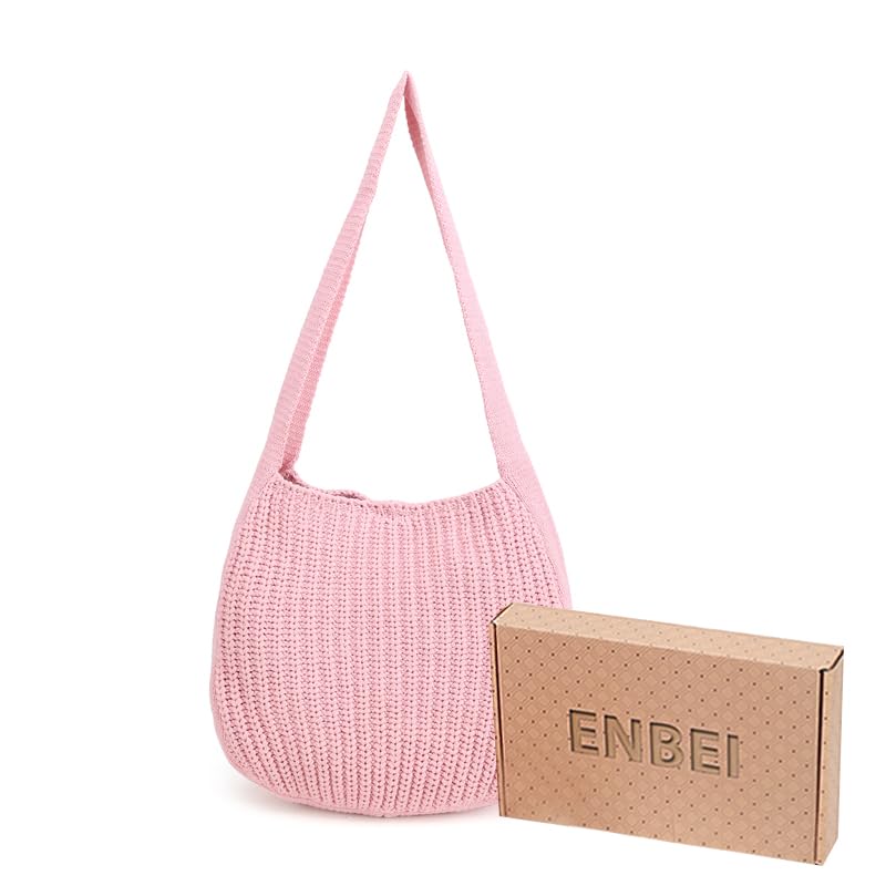 ENBEI Women's Crochet Tote Bag Knit Shoulder bag,Aesthetic Bag,Cute Eco-Friendly Tote for Travel,Daily Use,Gift Box Packaging - color: Pink