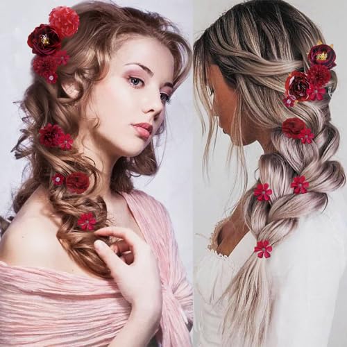 21 PCS Hair Flowers Boho Hair Barrettes Accessories Hawaiian Silk Flower Clips Girls Red Floral Bride Headpiece Festival(Red) - color: red, size: 1 Count (Pack of 21)