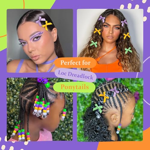 45PCS Mardi Gras Hair Beads for Braids Green Purple Small Hair Bow Clips Cute Loc Hair Accessories Silicone Beads and Bows for Girls Kids - color: Green