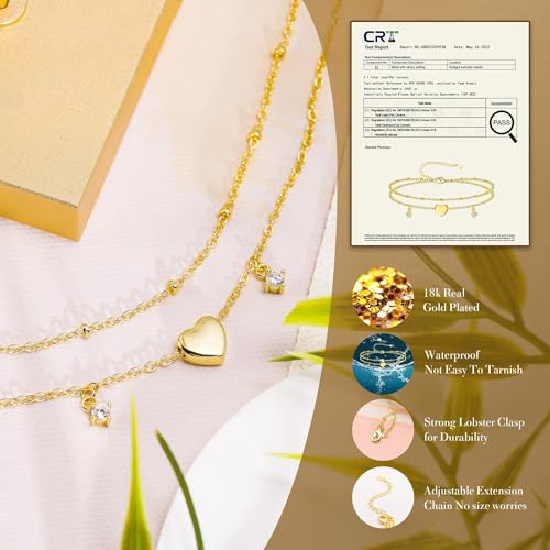 Kenivira Sterling Silver Ankle Bracelets for Women Dainty Non Tarnish Gold Layered CZ Heart Charm Anklets for Women Waterproof Adjustable Chain Anklet Cute Summer Beach Jewelry Gift - color: gold cz heart
