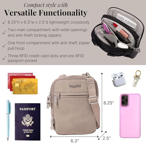 Baggallini Securtex® Anti-theft Mini Everything Crossbody Bag, 6.3"x8.25" Rfid, Locking Zippers & Cut-resistant Strap - color: Moonrock