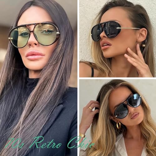 GRFISIA Retro Oversized Aviator Sunglasses for Women Men Metal 70s Aviators 2026 Fashion Shades for Beach Vacation UV400 - color: (2pcs) Black/Gray+tortoise/Green