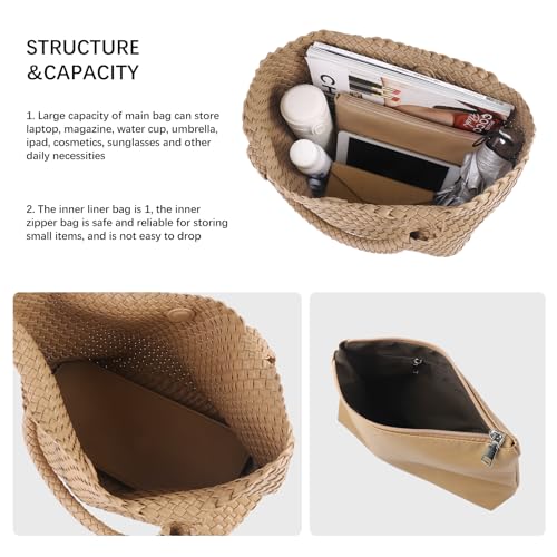 Woven Tote Bag Womens Purse Vegan Leather Shoulder Handbags Fashion Summer Beach Tote Bags Large Travel Totes - color: Apricot