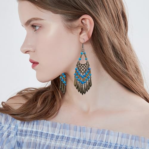 Handmade Vintage Bronze Bohemian Long Tassel Colorful Bead Dangle Drop Earrings Big Tribal Chandelier Geometry Hook Earrings for Women Statement Jewelry Gifts - color: Lake Blue