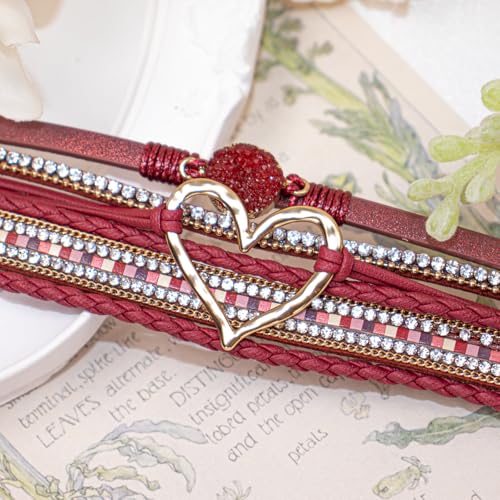 Leather Wrap Bracelet for Women, Boho Cuff Bracelet with Strong Clasp, Multi-Layer Crystal Leather Bracelet for Valentine Mother's Day - color: 01-Heart-Burgundy