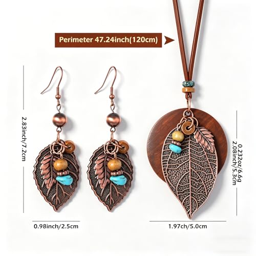 Wooden Leather Necklaces Set Bohemian Wood Stack Discs Long Chain Hemp Rope Bronze Plated Pendant Ethnic Tribal Fall Leaf Earrings Jewelry Statement Necklace - color: R-020