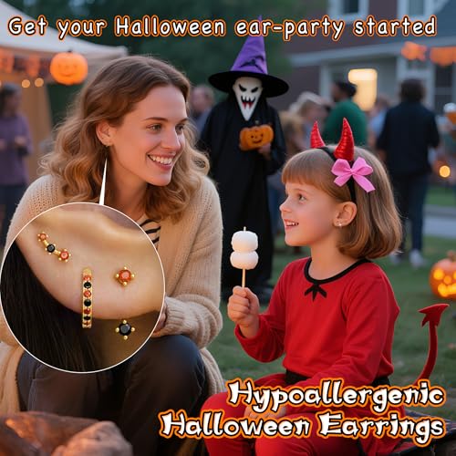 3 Pairs Dainty Small 4th of July Earrings for Women Trendy, Birthstone Stud Huggie Hoop Jacket Stack for Cartilage Helix, Gold Plated Hypoallergenic Cute Women Fashion Accessories Western Jewelry Gifts - color: Halloween Earrings(Gold Orange Black)