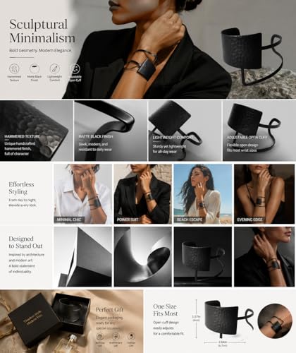 Bohemian Metal Bangle Bracelets for Women - 4 Colors (Silver/Black/Gold/Red) Adjustable Open Design, Versatile Stackable Jewelry for Daily Wear & Gifts - color: Black