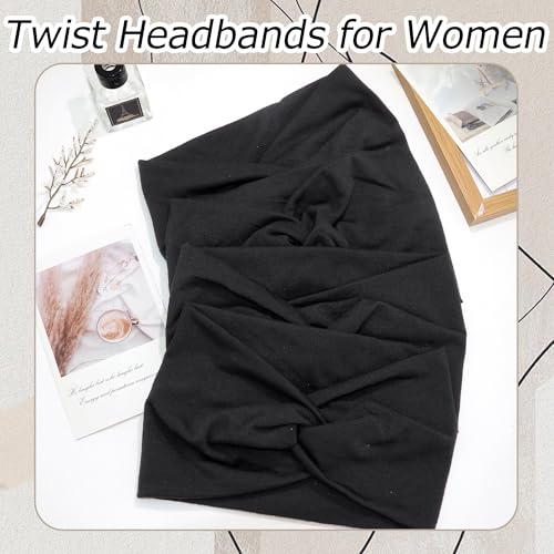 4 Pack Wide Headbands for Women Twist Headbands Stretchy Boho Turban Hair Band Non Slip Workout Women Head Wraps Accessories (Black) - color: Black