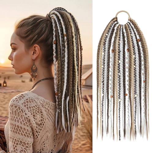 SEIKEA Boho Braided Ponytail Extension on Hair Tie, 16" Full Volume Lightweight Viking Dreadlock Ponytail Braid in Dreadlock Extensions with Beads and Shells, Festival Hair Accessories for Women Girls - color: Boho Earth Tone Mix