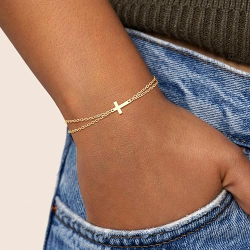 NECOCY Mothers Day Gifts Cross Bracelet for Women, Dainty 14K Gold/Silver Plated Pearl Cross Chain Bracelet Religious Christian Baptism Jesus Catholic Bracelet Jewelry Gift for Mom Wife Daughter - style: Style-5